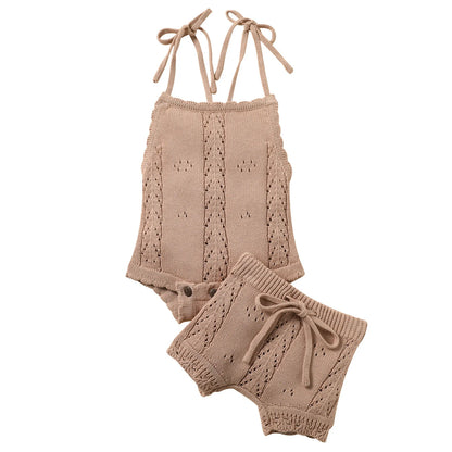 Baby Girls Summer Knitted Jumpsuit and Shorts 2 Piece Set