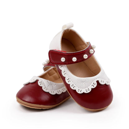 Baby / Newborn Girl Mary Jane Flats with Pearls and Bow Embroidery