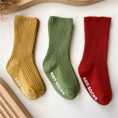 Baby / Toddler Unisex Three Pair Lot Cotton Ribbed Soft Non-Slip Rubber Grip Socks