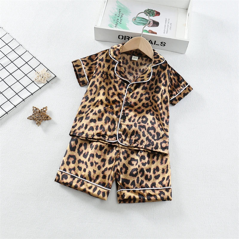 Girls / Toddler Leopard Print Satin 2 Piece Shorts Set Pajamas