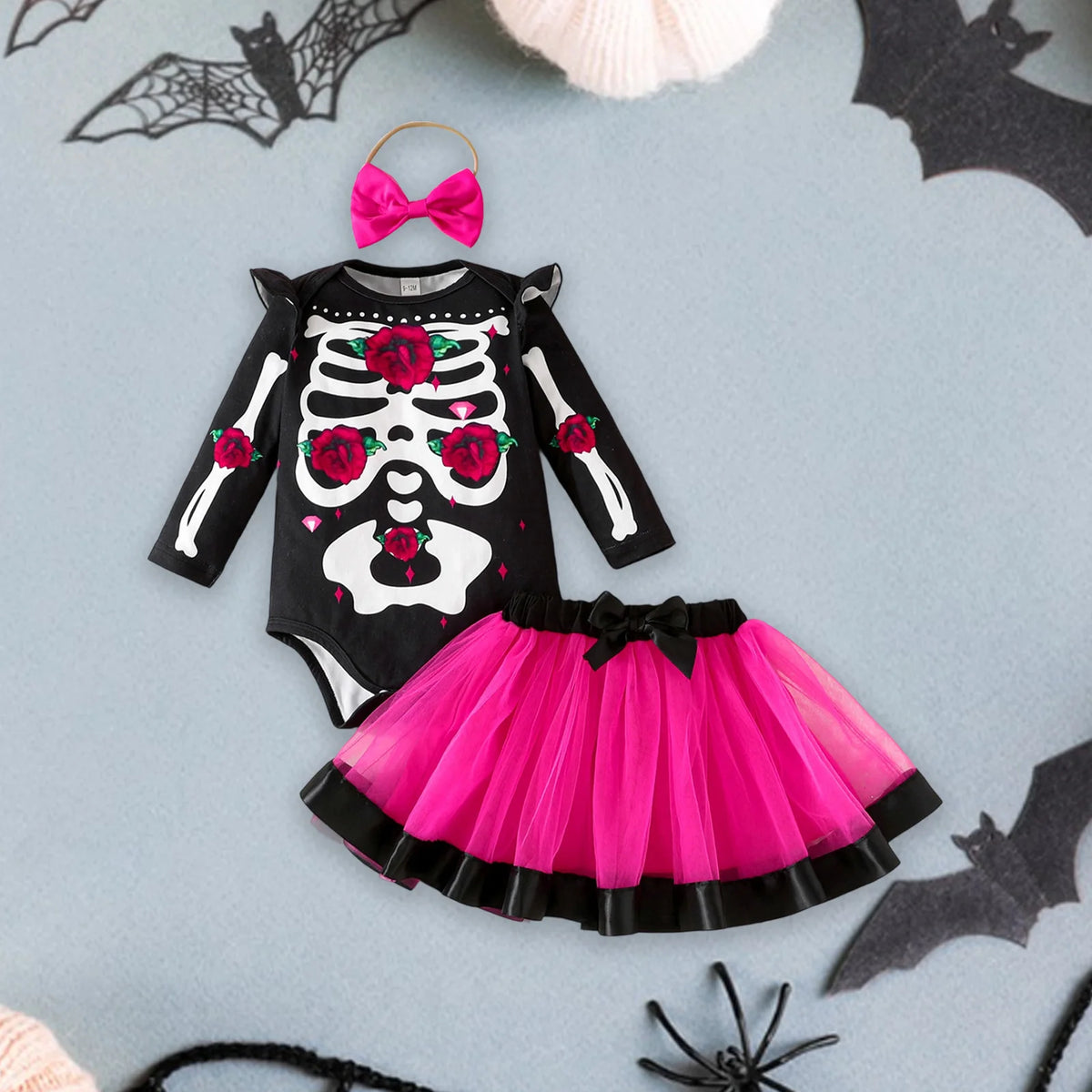 Halloween Baby Girl Skeleton Rose Print Long Sleeve Romper, Tulle Skirt and Matching Bow Headband 3 Pcs Set