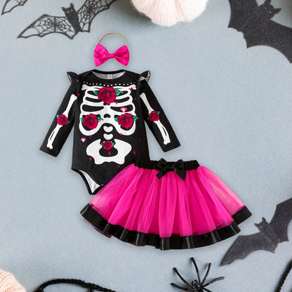 Halloween Baby Girl Skeleton Rose Print Long Sleeve Romper, Tulle Skirt and Matching Bow Headband 3 Pcs Set