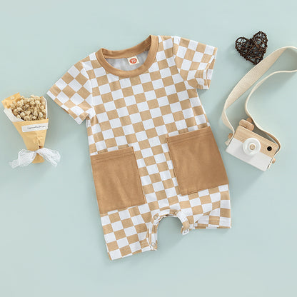 Baby Boy Lightweight Short Sleeve Checkered Print Jumpsuit