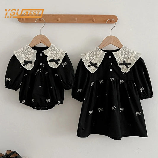 Baby Girls Goth Long Sleeve Bow Embroidered Sisters Romper / Dress