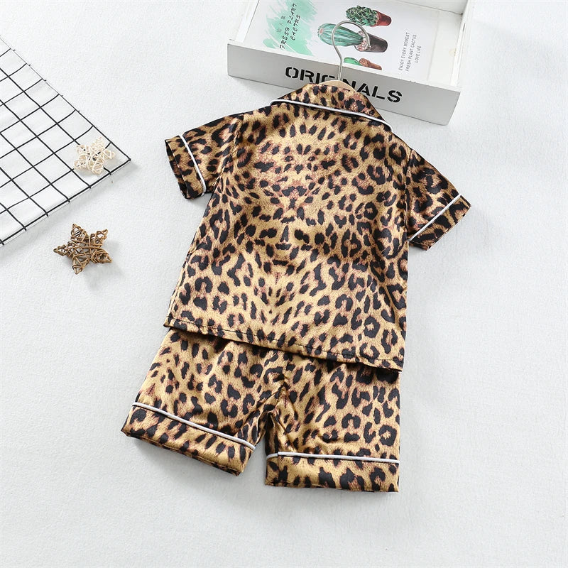 Girls / Toddler Leopard Print Satin 2 Piece Shorts Set Pajamas