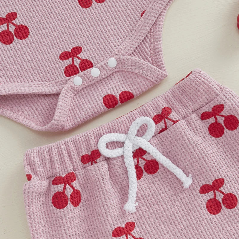 Baby Girl Waffle Knit Cherry Print Summer Onesie, Shorts and Headband 3 PC Set