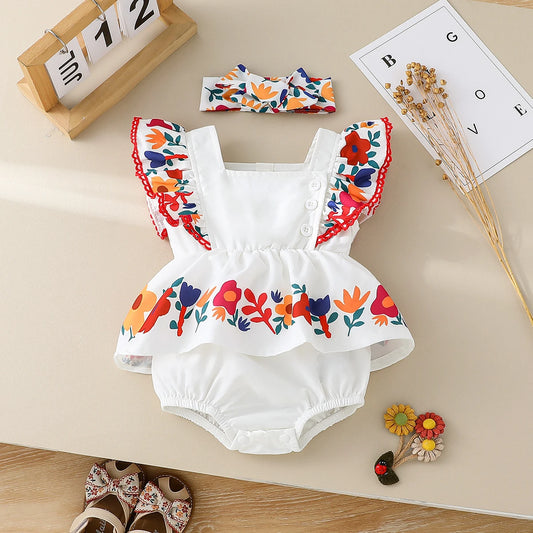 Baby Girl Flower Print Square Neck 2PC Bodysuit Romper with Matching Headband