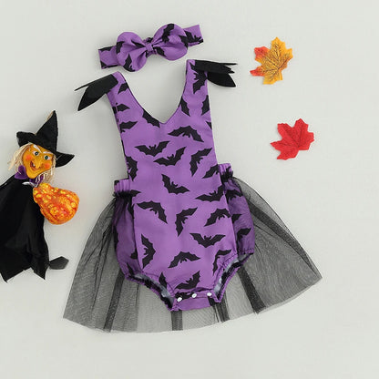 Halloween Baby Girl Bat Print Mesh Romper 2 Piece Outfit