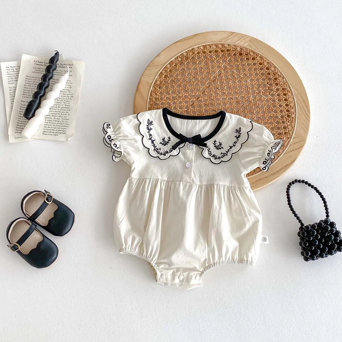 Baby Girl Embroidered Lapel Short Sleeve Triangle Jumpsuit