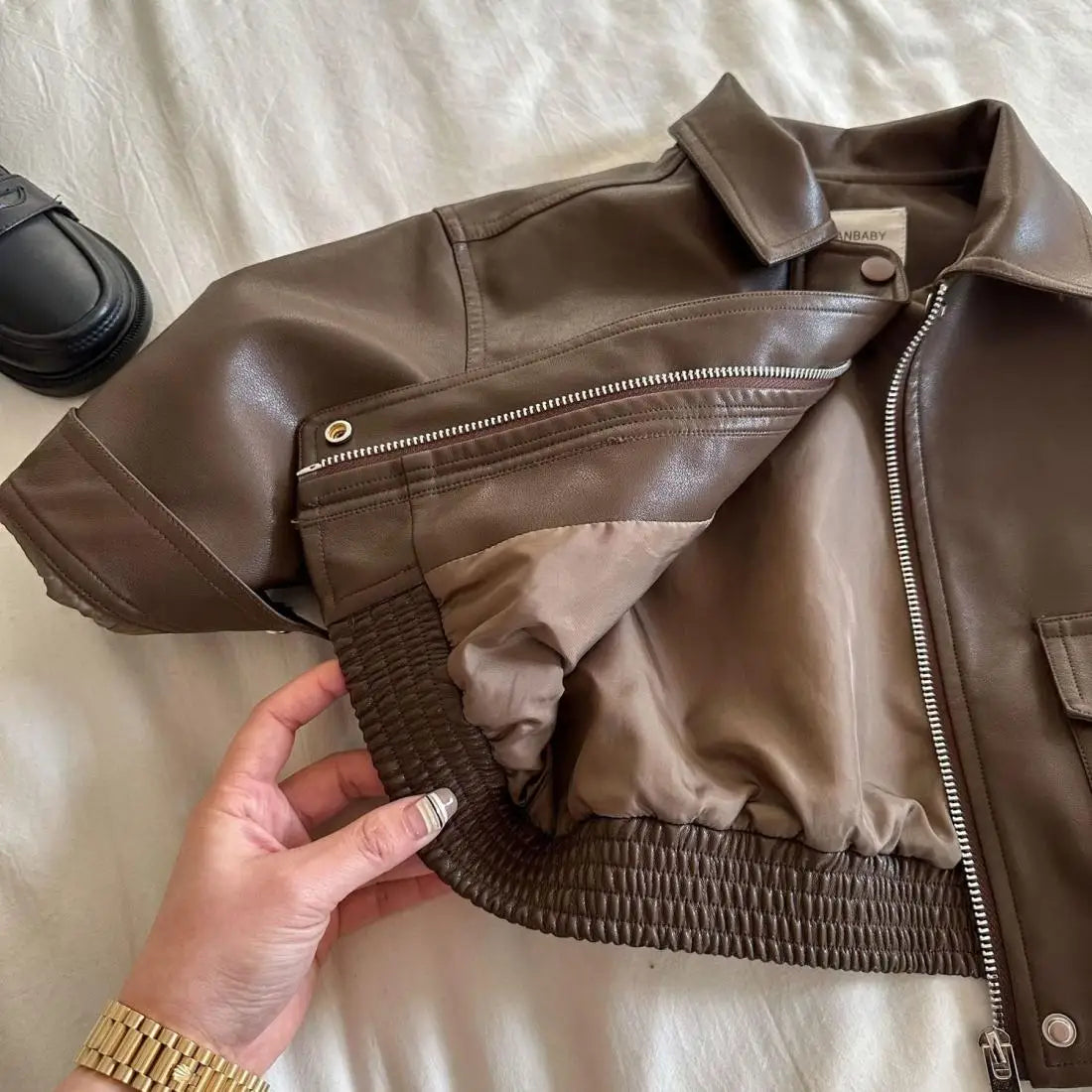 Toddler Boy Brown Lapel Collar PU Leather Jacket