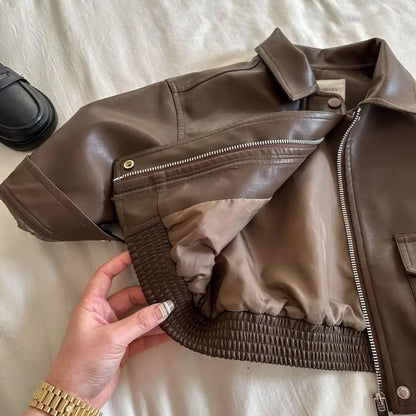 Toddler Boy Brown Lapel Collar PU Leather Jacket