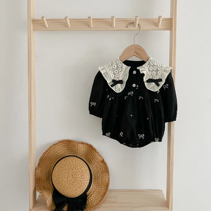 Baby Girls Goth Long Sleeve Bow Embroidered Sisters Romper / Dress
