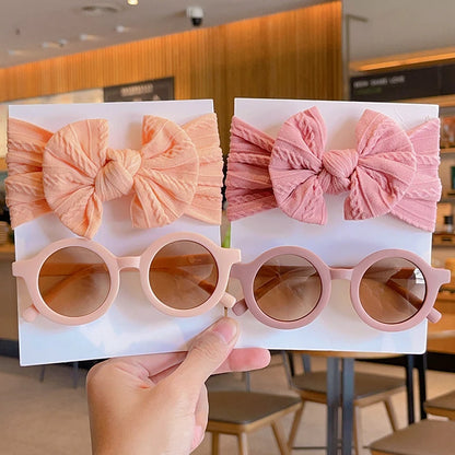2 PC Cotton Bowknot Wide Hairband and Round Sunglasses Set Baby Girls