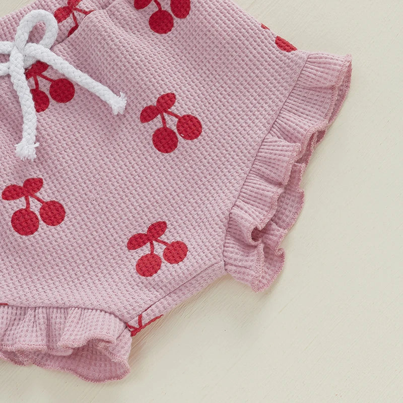 Baby Girl Waffle Knit Cherry Print Summer Onesie, Shorts and Headband 3 PC Set