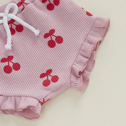Baby Girl Waffle Knit Cherry Print Summer Onesie, Shorts and Headband 3 PC Set