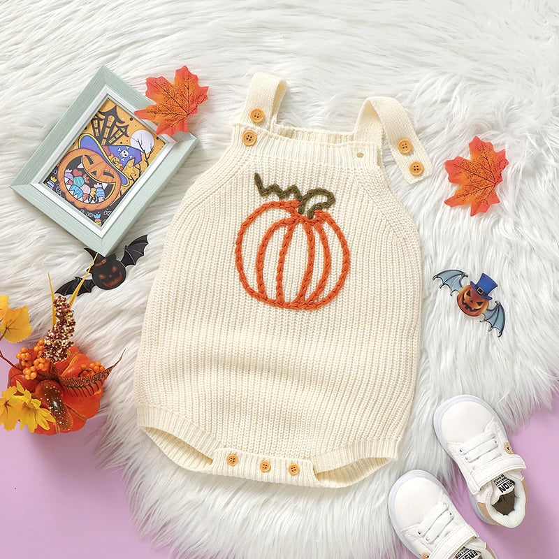 Halloween Crochet Pumpkin Knitted Overall Onesie