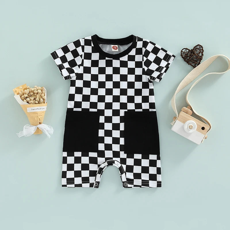 Baby Boy Lightweight Short Sleeve Checkered Print Jumpsuit