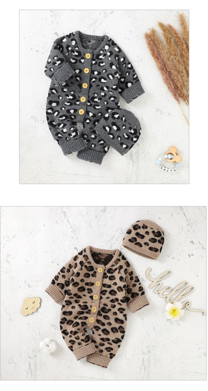 Baby Girl Leopard Knitted Long Sleeve 2 PC Jumpsuit with Matching Hat