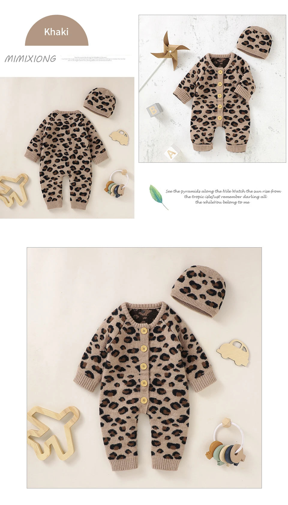 Baby Girl Leopard Knitted Long Sleeve 2 PC Jumpsuit with Matching Hat