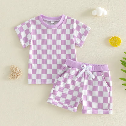 Baby Girl Checkered Print Short Sleeve Waffle Tops with Shorts 2Pcs Set