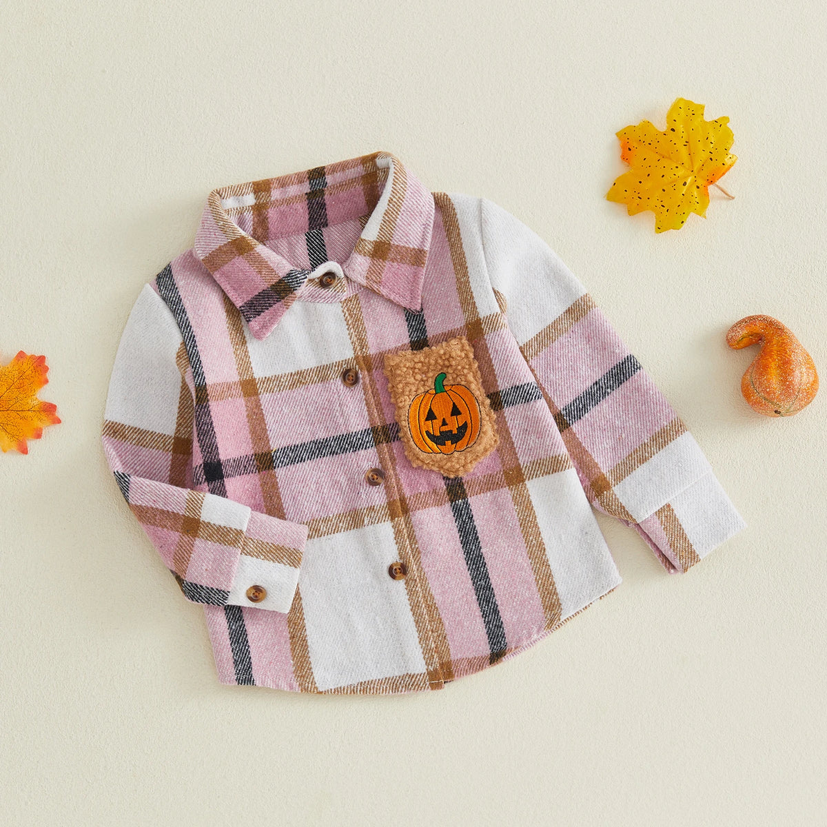 Toddler Girls Lightweight Plaid Flannel with Embroidered Pumpkin