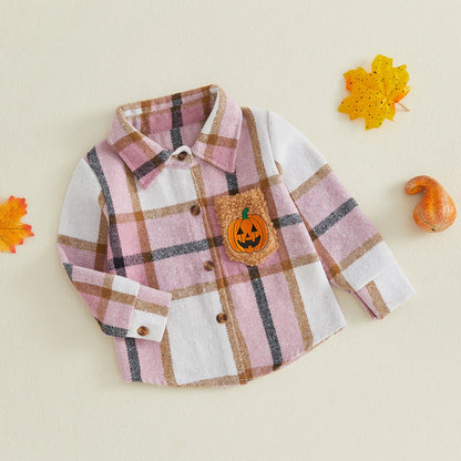 Toddler Girls Lightweight Plaid Flannel with Embroidered Pumpkin