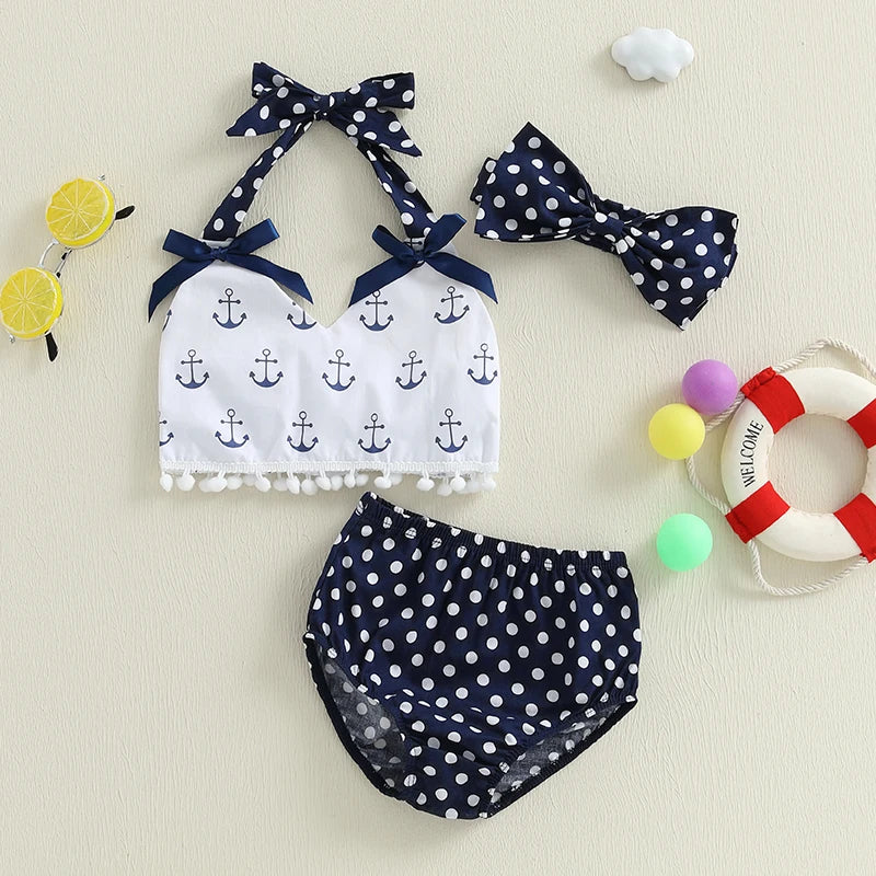 Baby Girls Nautical Polka Dot 3PC Set with Matching Headband