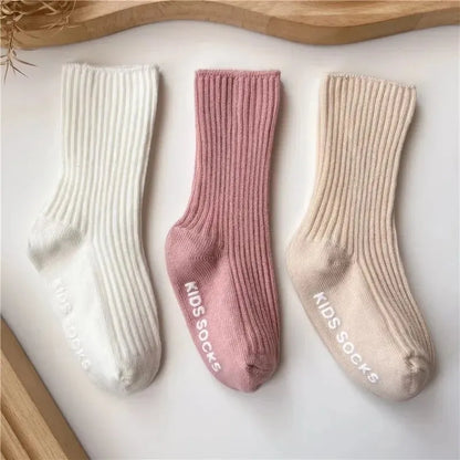 Baby / Toddler Unisex Three Pair Lot Cotton Ribbed Soft Non-Slip Rubber Grip Socks