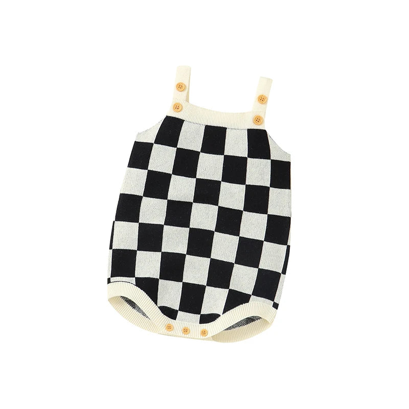 Baby Checkered Print Knitted Overall Sleeveless Onesie
