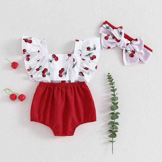 Baby Girl Cherry Print 2 PC Romper with Matching Headband