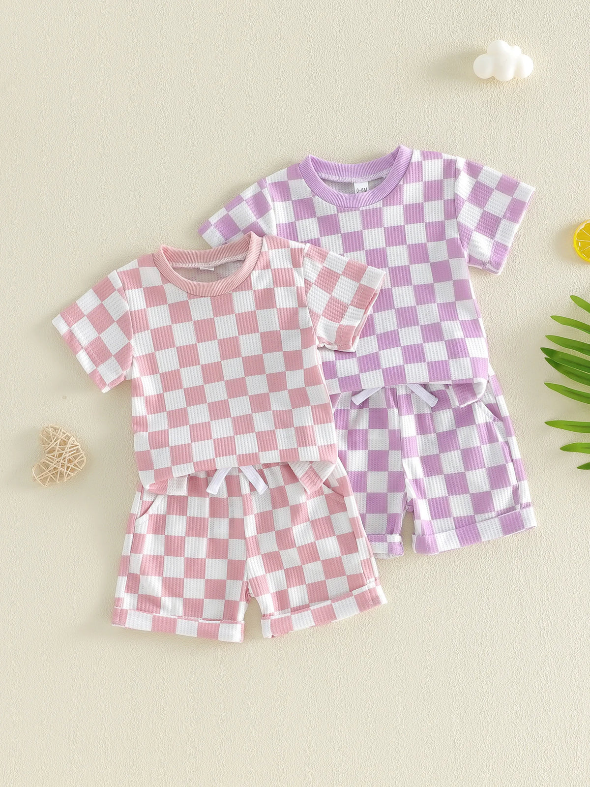 Baby Girl Checkered Print Short Sleeve Waffle Tops with Shorts 2Pcs Set