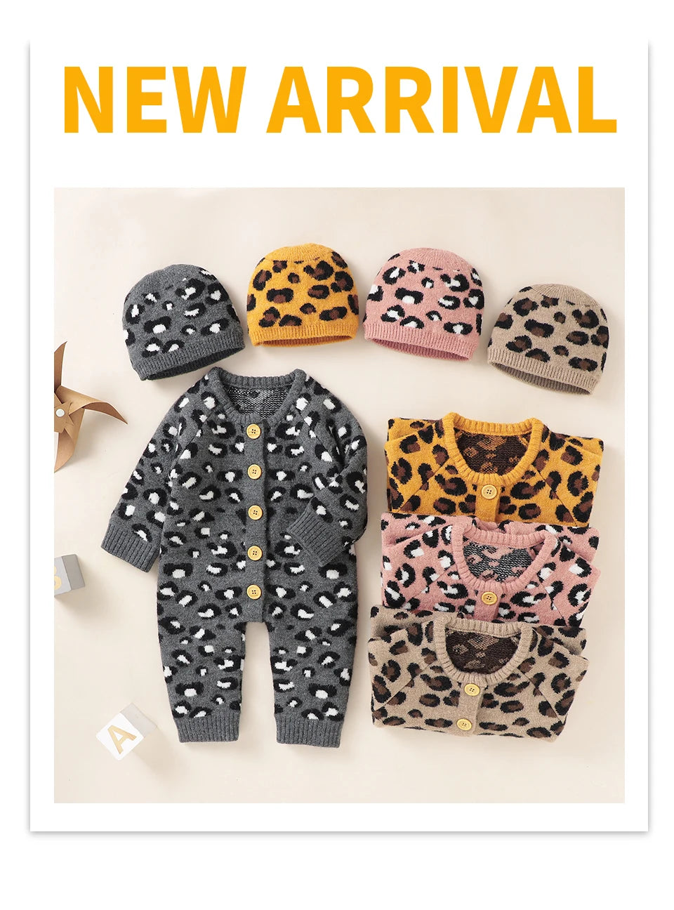 Baby Girl Leopard Knitted Long Sleeve 2 PC Jumpsuit with Matching Hat