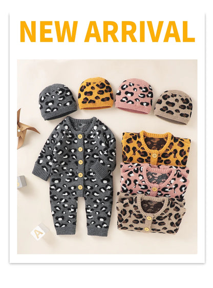 Baby Girl Leopard Knitted Long Sleeve 2 PC Jumpsuit with Matching Hat
