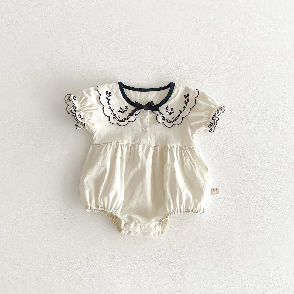 Baby Girl Embroidered Lapel Short Sleeve Triangle Jumpsuit