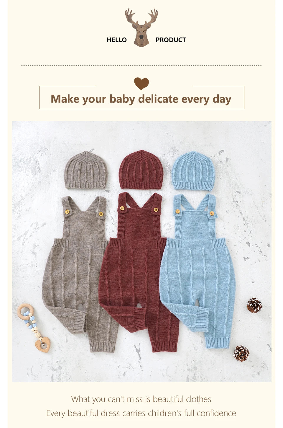 Baby Boy Knitted Jumpsuits 2 PC Set with Matching Beenie