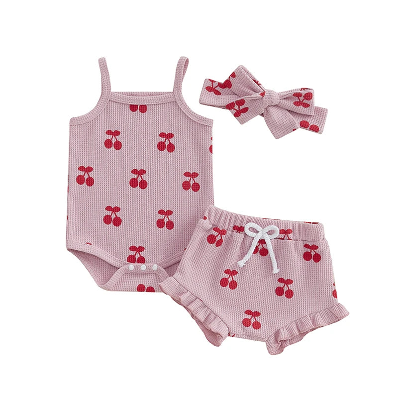 Baby Girl Waffle Knit Cherry Print Summer Onesie, Shorts and Headband 3 PC Set