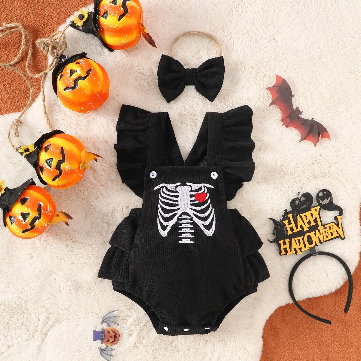 Baby Girl Halloween Corduroy Jumpsuit with matching  Headband