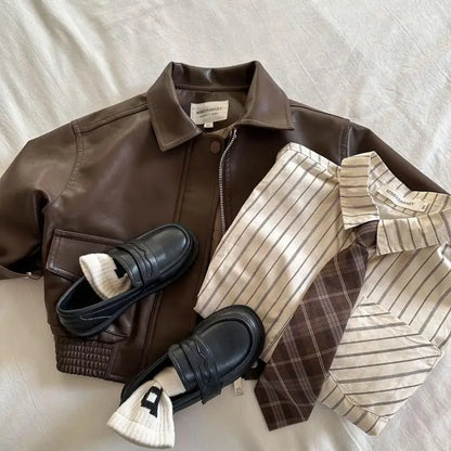 Toddler Boy Brown Lapel Collar PU Leather Jacket