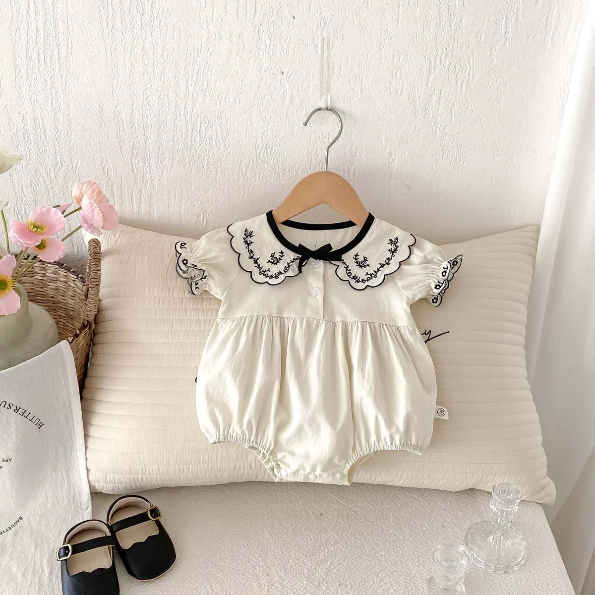 Baby Girl Embroidered Lapel Short Sleeve Triangle Jumpsuit
