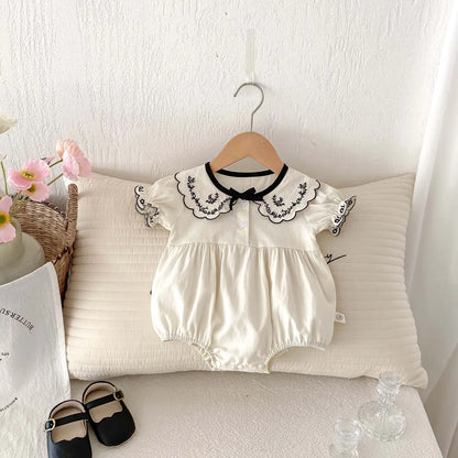 Baby Girl Embroidered Lapel Short Sleeve Triangle Jumpsuit