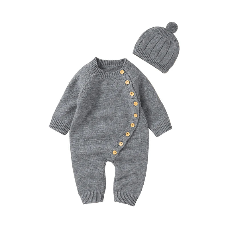 Baby Long Sleeve Knitted Jumpsuit with Matching Beenie