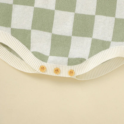 Baby Checkered Print Knitted Overall Sleeveless Onesie