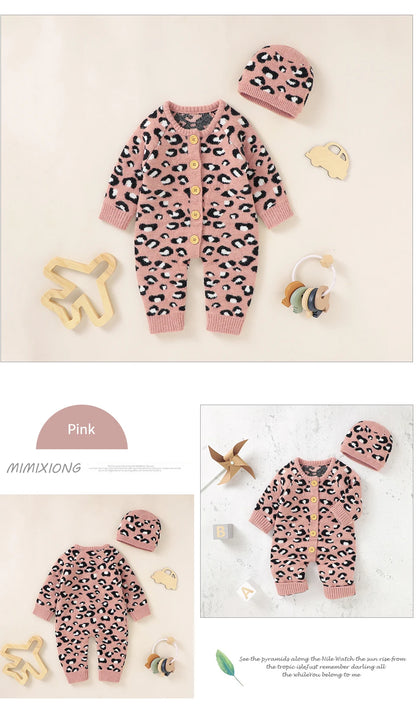 Baby Girl Leopard Knitted Long Sleeve 2 PC Jumpsuit with Matching Hat