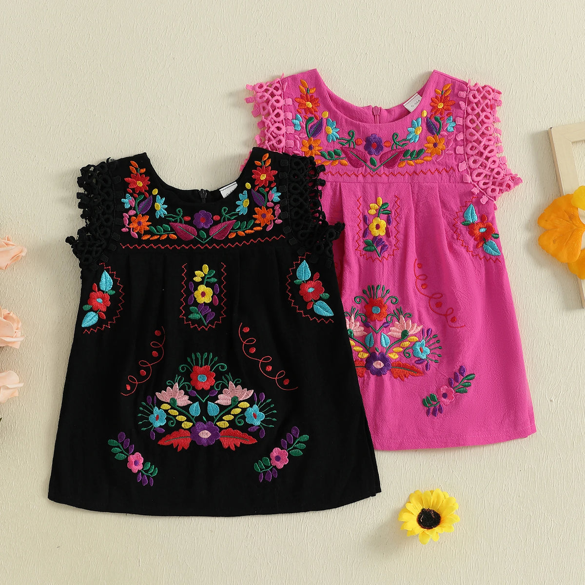 Baby Girls Floral Embroidery Lace Sleeveless Dress