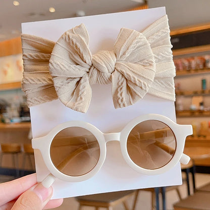 2 PC Cotton Bowknot Wide Hairband and Round Sunglasses Set Baby Girls