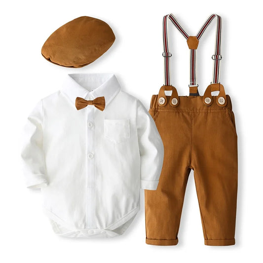 Baby Boy Tiny Gentleman Long Sleeve Bowtie Romper w/ Suspender Pants and Hat 3 Piece Set