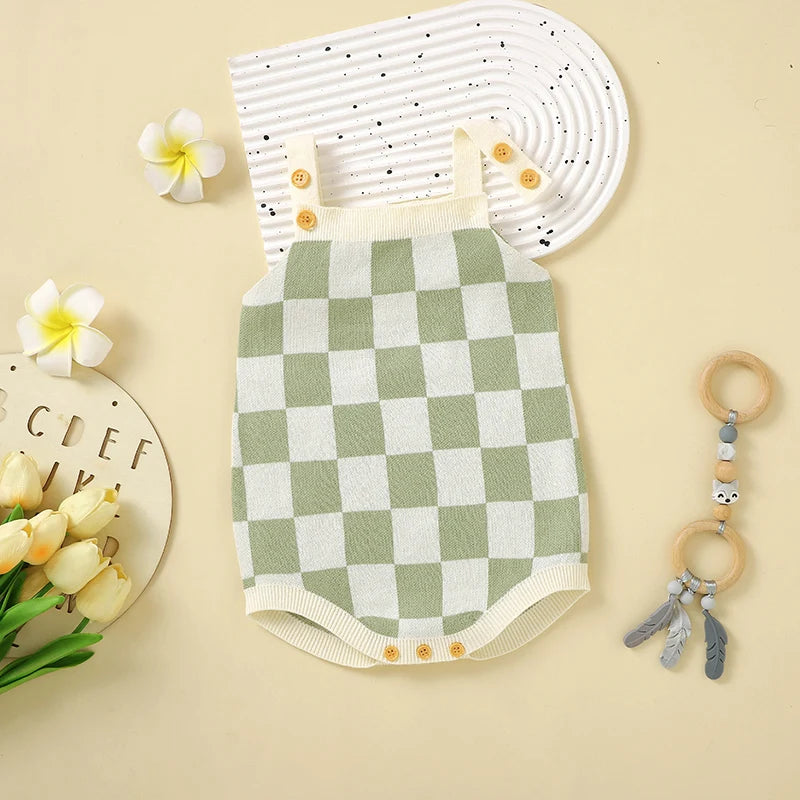 Baby Checkered Print Knitted Overall Sleeveless Onesie