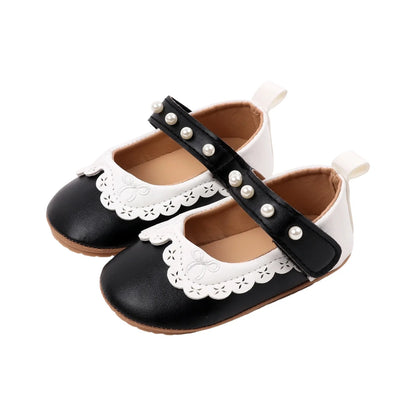 Baby / Newborn Girl Mary Jane Flats with Pearls and Bow Embroidery