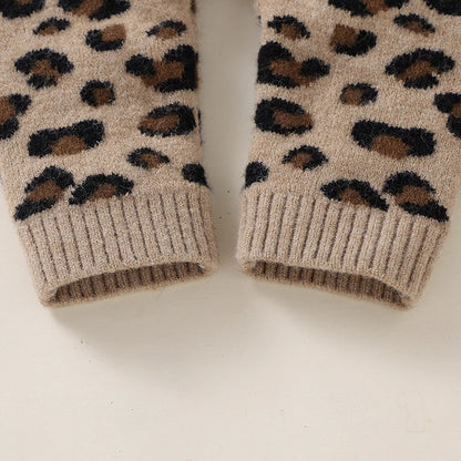 Baby Girl Leopard Knitted Long Sleeve 2 PC Jumpsuit with Matching Hat