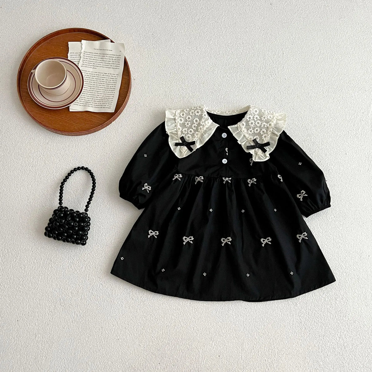 Baby Girls Goth Long Sleeve Bow Embroidered Sisters Romper / Dress